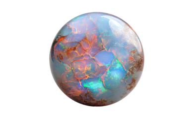 Round, polished opal gem, vibrant colors