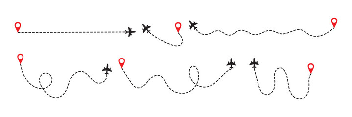 Flight path line designs illustrating airplane tracking routes with dynamic dotted lines for travel maps . Vector illustration of air plane flight route