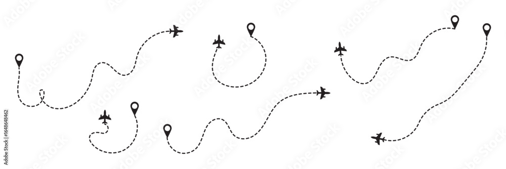 Poster flight path line designs illustrating airplane tracking routes with dynamic dotted lines for travel 