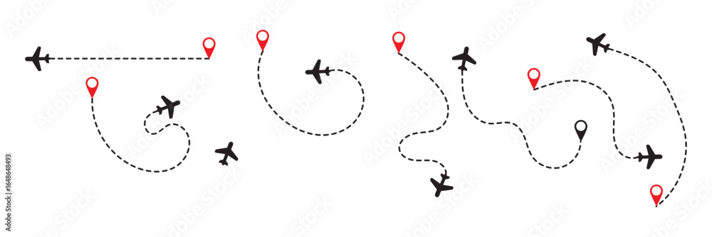 Poster airplane line path icon set. vector illustration of air plane flight route with line trace on white 