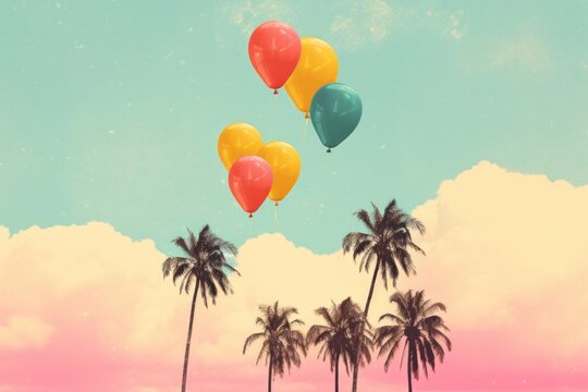Collage Retro dreamy palm dotor outdoors balloon plant.