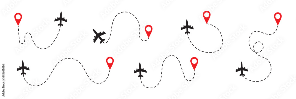 Poster airplane with dotted flight path. air plane route dash line route with location pin. airplane icon s
