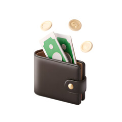 3D Minimalist Black Wallet with Money and Coins Flying Out