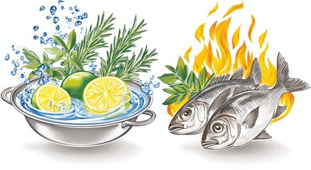 Fresh fish and herbs, ready to cook