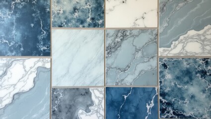 Decorative square tiles with marble-like patterns in shades of blue and white.