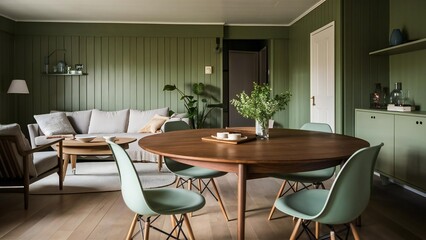 Fototapeta premium Cozy living room and dining area with green walls and mid century modern furniture