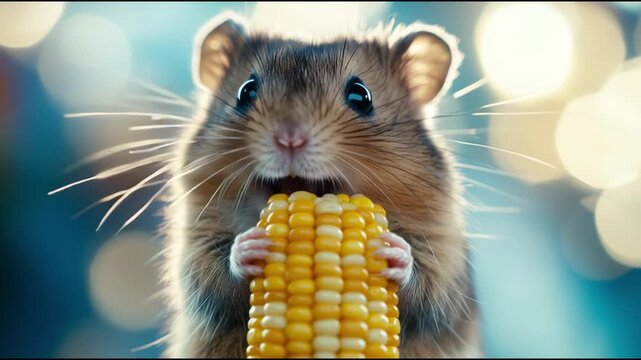 Cute hamsters nibble colorful corn in vibrant background during playful afternoon