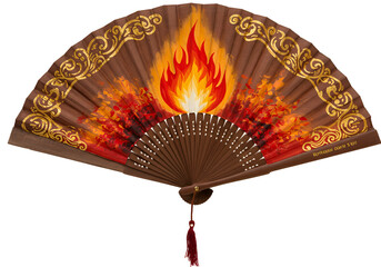 Decorative hand fan with fiery flame and intricate gold patterns for cultural events and