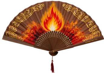 Decorative hand fan with fiery flame and intricate gold patterns for cultural events and