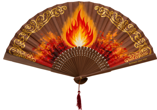 Decorative hand fan with fiery flame and intricate gold patterns for cultural events and