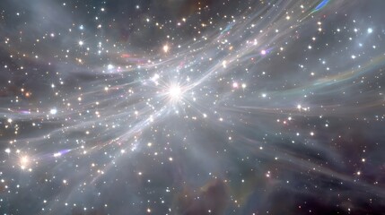 Sparkling white light flare with soft prismatic effects in cosmic background