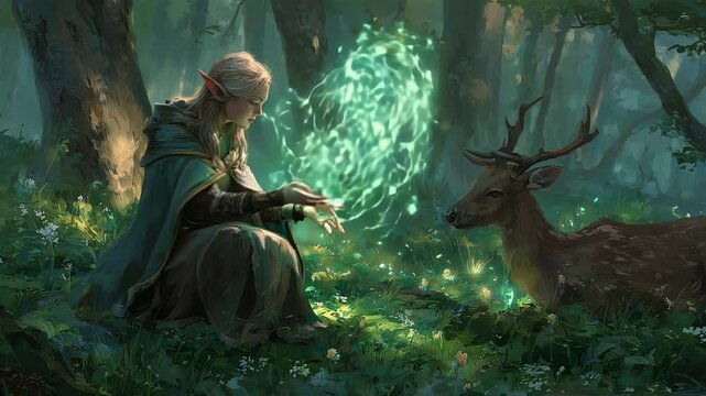 In a lush, magical forest, a serene elf connects with a curious deer amid glowing orbs of light. Nature flourishes around them, creating a mesmerizing harmony.