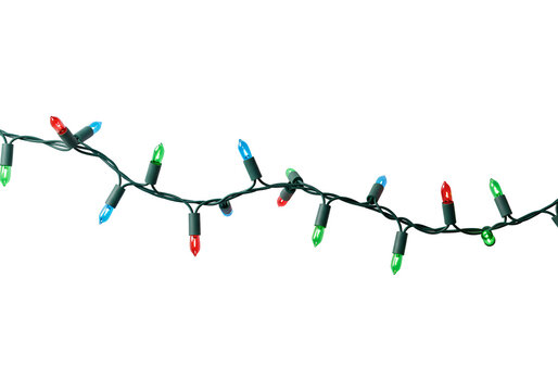 Decorative string of colorful illuminated holiday lights against a black background - Powered by Adobe