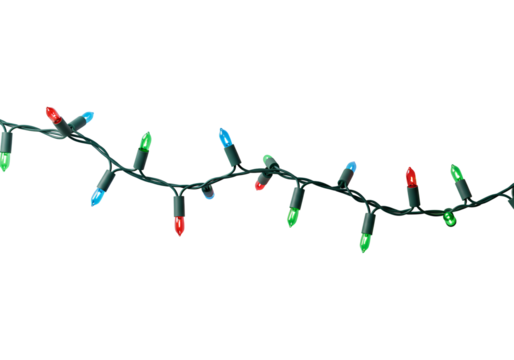 Decorative string of colorful illuminated holiday lights against a black background