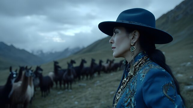 Woman in a blue jacket stands amongst a herd of llamas in a mountain landscape.