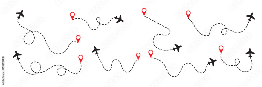 Poster airplane with dotted flight path. air plane route dash line route with location pin. airplane icon s