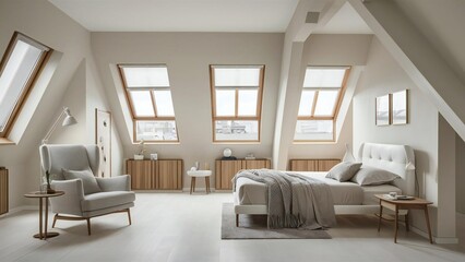 Bright and airy attic bedroom with comfortable seating and a bed