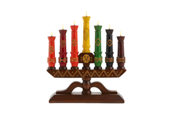 Decorative wooden menorah with colorful candles in a traditional Hanukkah display