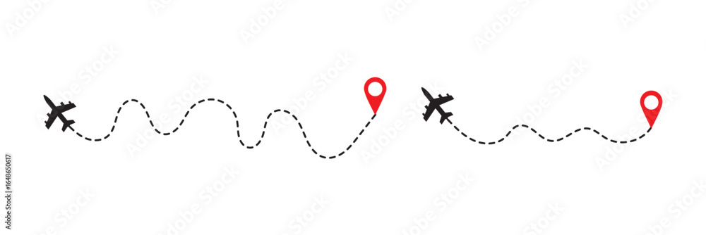 Poster airplane with dotted flight path. air plane route dash line route with location pin. airplane icon s