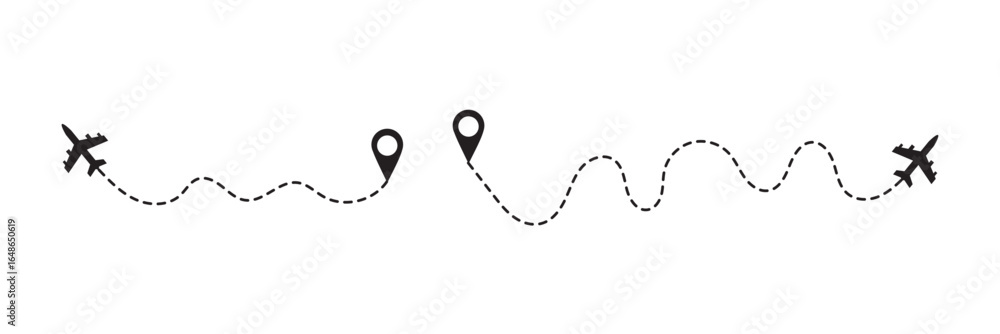 Poster airplane line path icon set. vector illustration of air plane flight route with line trace on white 