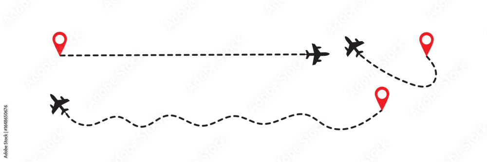 Poster flight path designs illustrating airplane tracking routes with dynamic dotted lines for travel maps 