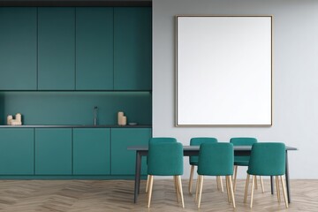 Modern teal kitchen and dining area with blank canvas