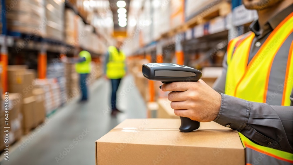 Poster supply chain resilience warehouse worker scanning a package with a barcode reader in a busy storage 