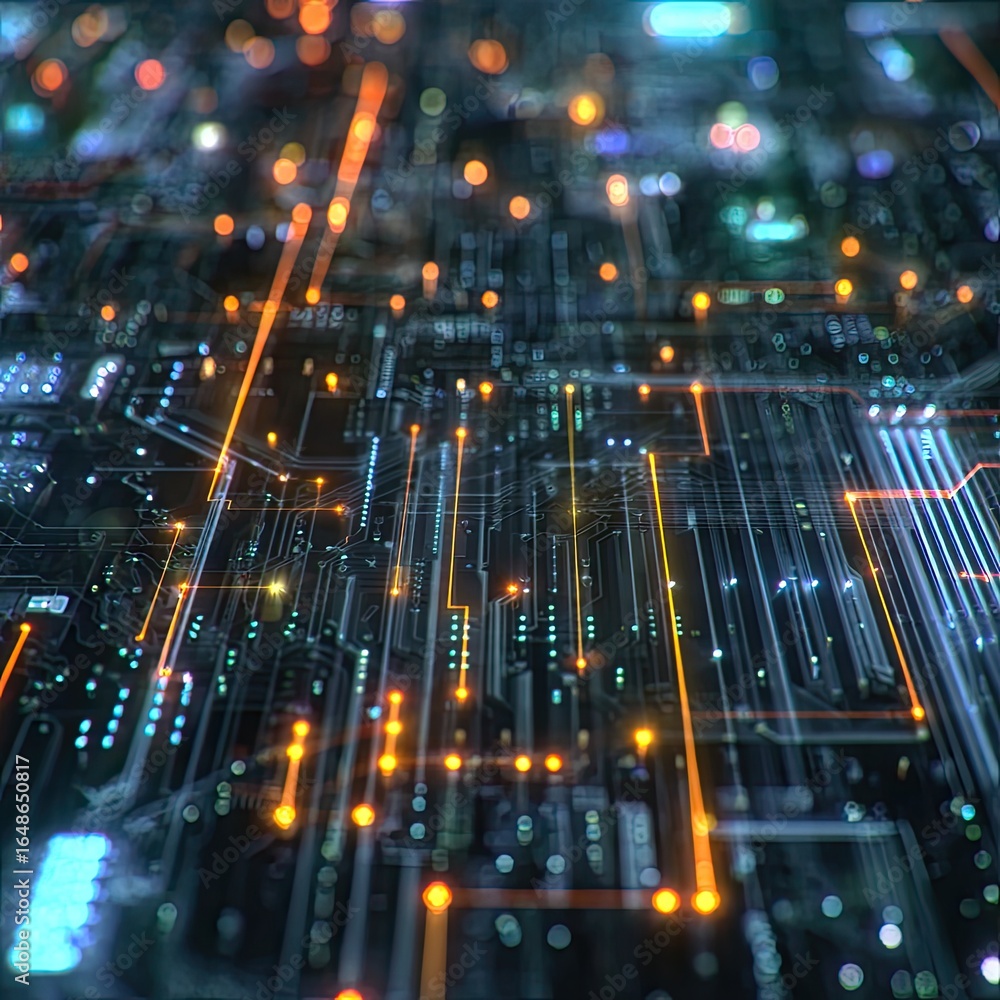 Aufkleber close-up view of intricate circuit board with glowing lines and points