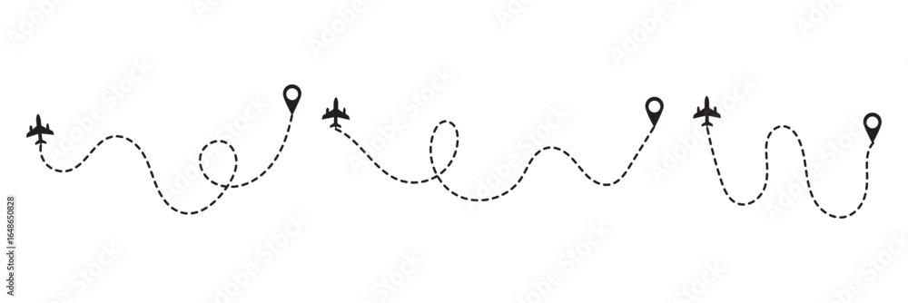 Poster travel concept dotted path airplane aircraft tracking. line path vector icons of air plane flight ro