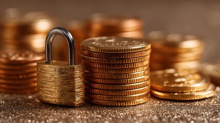 Stacked gold coins secured by a lock