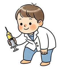A cheerful child dressed in a lab coat holds a syringe, embodying a sense of curiosity and engagement in a medical context.