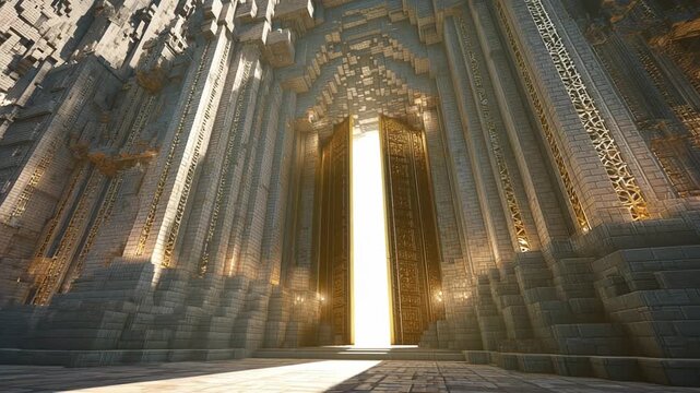 Exploring the grandeur of a stunning ancient temple's entrance, where intricate designs meet captivating warm lights at dusk, showcasing masterful architecture and artistry.