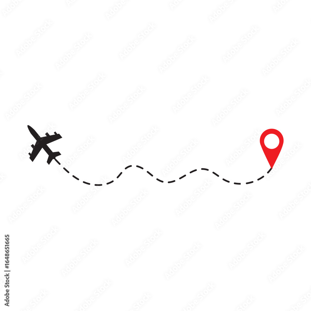 Poster airplane dashed line path flat style design isolated on white background. plane icon follow from sta