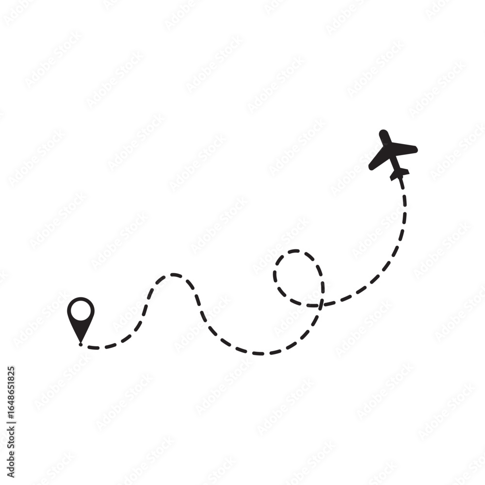 Poster airplane with dotted flight path. air plane route dash line route with location pin. airplane icon s