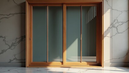 Wooden sliding doors on a marble wall.