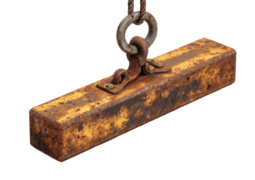 Rusty metal block suspended by a cable