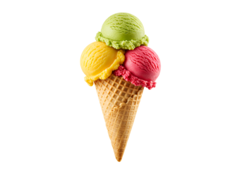 Delicious colorful triple scoop ice cream cone with vibrant flavors on a black background