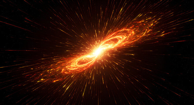Radiant Cosmic Explosion: A Stunning Visualization of Energy Release, Showing an Intense Burst of Light and Particles Spreading Outwards in