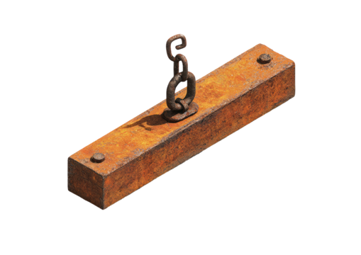 Rusted rectangular metal block with a chain