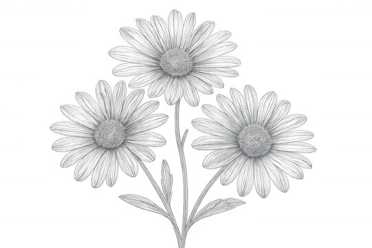 Botanical illustration of three daisies blooming together, depicted as a pencil sketch on a transparent background - Powered by Adobe