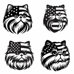 Persian Cat head with american flag print on. Independence Day 4th of July Patriotism Usa America Clipart Line Art Vector Illustration. Feline face united state emblem pattern upon.