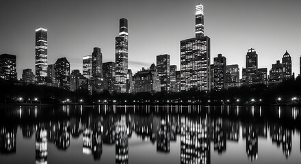 Dramatic New York City Skyline Reflection in Black and White showcases iconic skyscrapers at