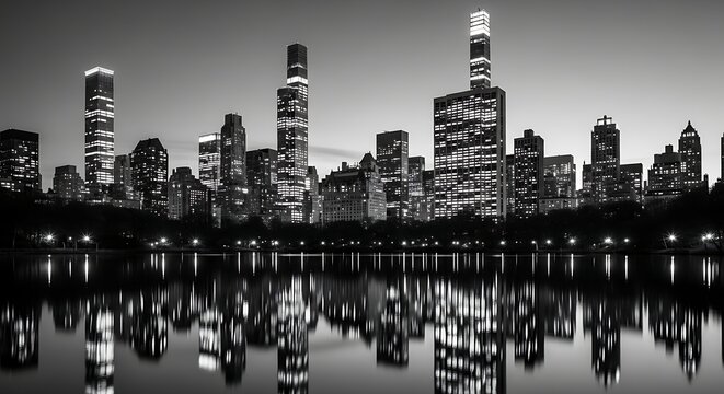 Fototapeta Dramatic New York City Skyline Reflection in Black and White showcases iconic skyscrapers at