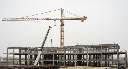 Towering yellow crane and mobile crane at steel frame construction site