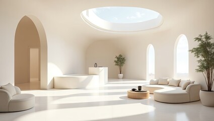 A minimalist, light-filled interior design with soft furnishings.