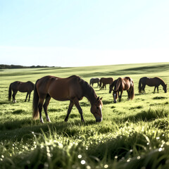 Obraz premium Horses grazing in a green meadow