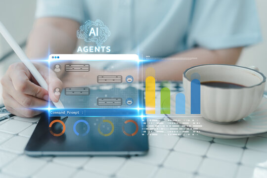 Artificial intelligence, chatbot automation, and productivity tools for modern digital work. Hand of woman using stylus on tablet with AI agents interface and data analytics graphs. AI Chatbot.
