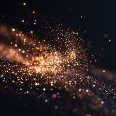 Abstract display of golden and muted-color glittering particles on a dark background