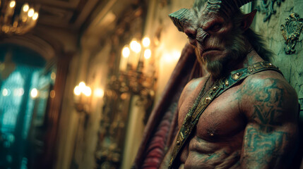 Demonic warrior with horns and tattoos in an old mansion