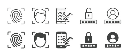 Security access icons set. Editable stroke. Thin line and glyph solid icon series.